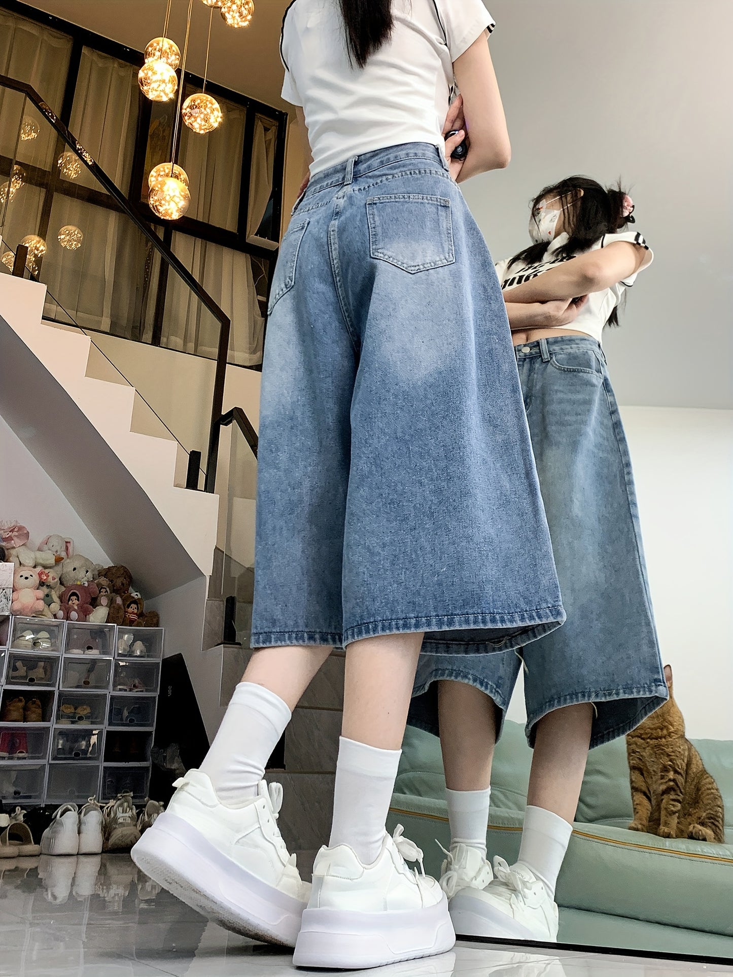 High-Waisted Denim Shorts for Women, Featuring a Casual Straight Leg Design with a Button Fly, Available in Solid Colors with a Slight Stretch And Washed Detailing, Perfect for Spring And Summer