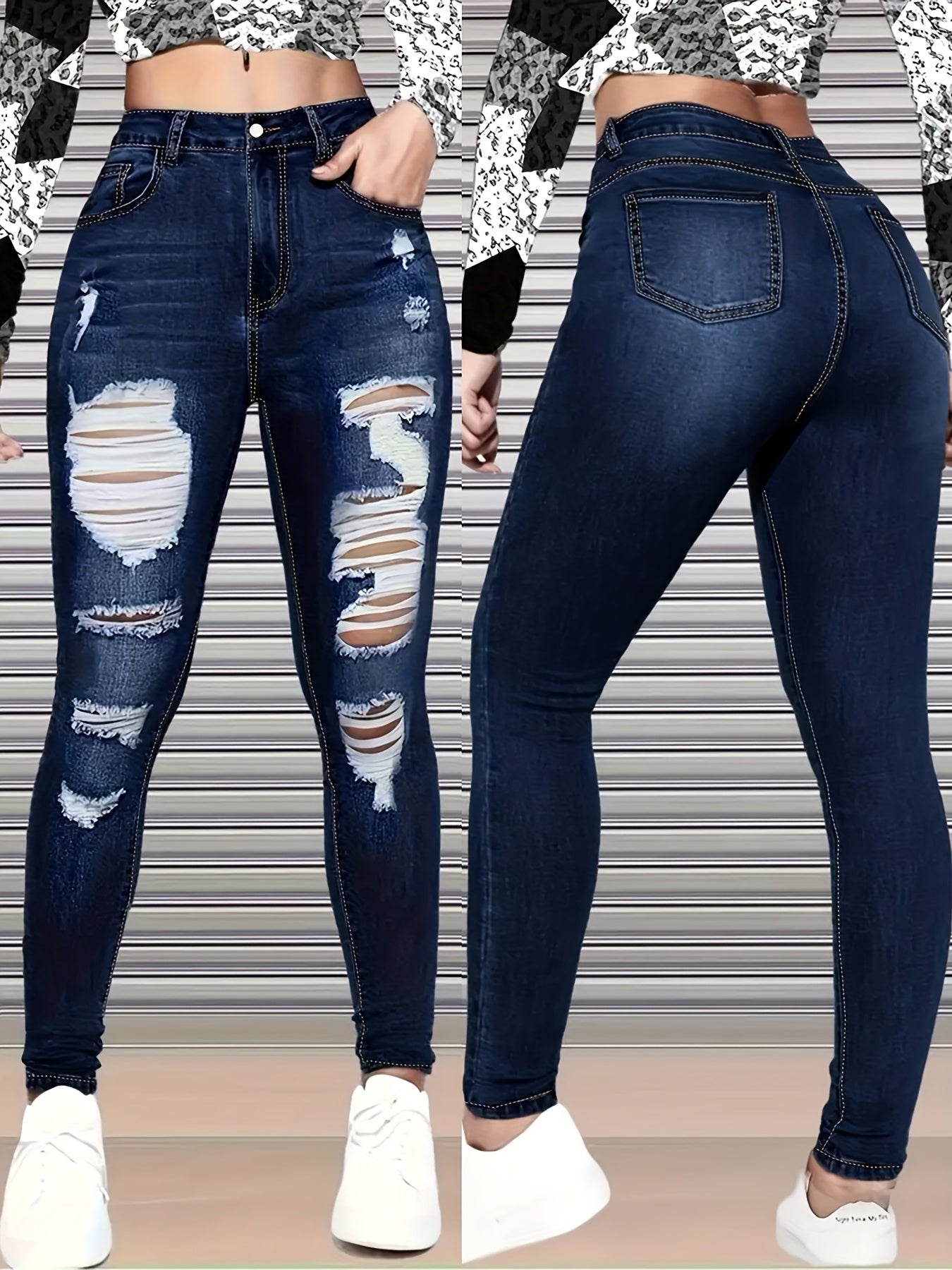 Ladies High Rise Distressed Skinny Jeans, Dark Blue Stretch Denim, Ripped Frayed, Casual Streetwear Night