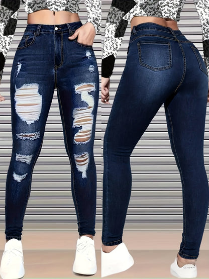 Ladies High Rise Distressed Skinny Jeans, Dark Blue Stretch Denim, Ripped Frayed, Casual Streetwear Night