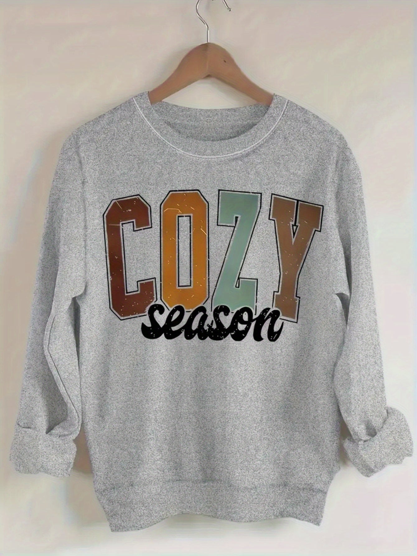 1pc Women's Casual Crew Neck Sweater, with Cozy Season Letter Graphic Print Long Sleeve Pullover for Autumn/ Winter, Grey Sweatshirt