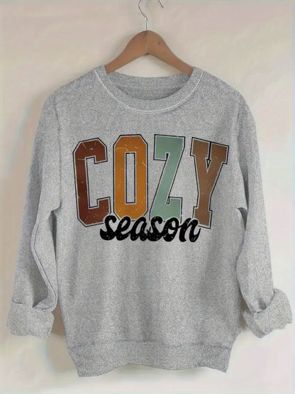 1pc Women's Casual Crew Neck Sweater, with Cozy Season Letter Graphic Print Long Sleeve Pullover for Autumn/ Winter, Grey Sweatshirt