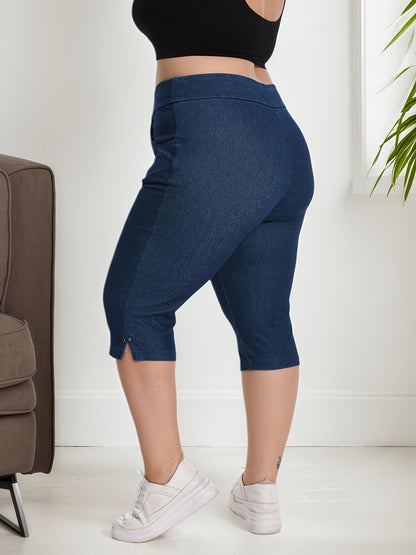 Women's Soft Elastic Waist Pull-On Capri Pants, Lightweight Breathable Trousers for Casual And Rivet Detail On Leg Open And Slit