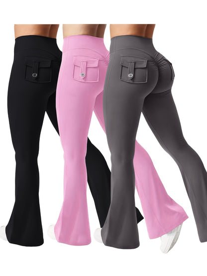 2025 New 3pcs Black Gray Green Trendy Work Attire Bell Bottom Trousers, Women'S Casual Flared Pants, High Waisted Pocket Activewear, Work Style Peach Hip Trousers, Quick Drying Belly Lifting Sports Pants with Flared Bottoms