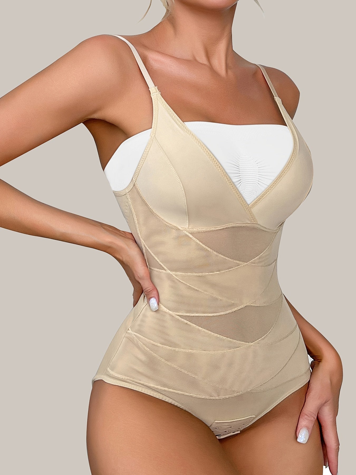 JUQDNX High-Waisted Body Shaping Bodysuit for Women - Sleek Black, Deep V Neck, Cross Support Back, Firm Tummy Control, Postpartum, Solid Color, Hand Washable, Removable Pads, Smoothing Silhouette, Confidence Boosting