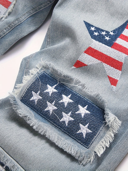 Men's Stretch Denim Jeans with Rips, Vintage Patches, And Casual Style, Suitable for All Seasons And Versatile for Outings And Fashion.