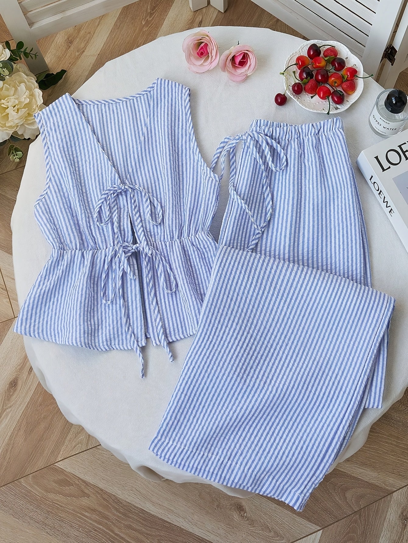 2pcs Women's Summer Tie Front Waist Cinched Sleeveless Top + Wide Leg Pants Set | Minimalist Plaid Design, Ideal for Daily Outings Commuting Dates and Multi-Scene Wear