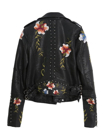 Women's Floral Faux Moto PU Jacket Coat