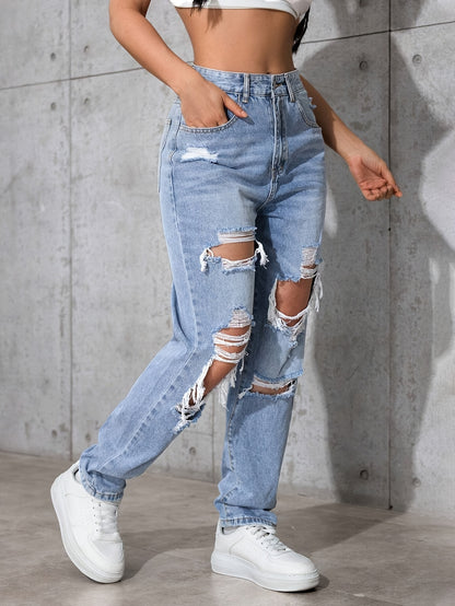 KUYIGO Women'S Pocket Detail Distressed Straight Loose Casual Denim Jeans