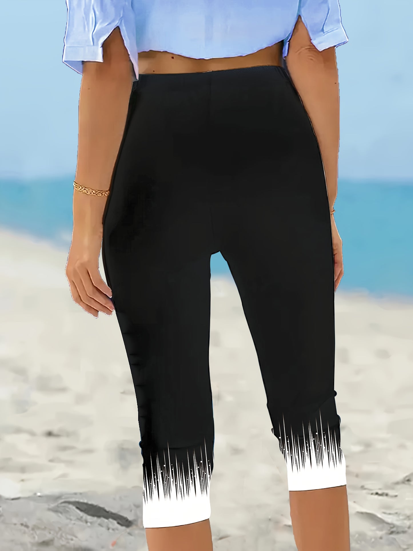 Women's Stretchy High-Waisted Capri Leggings with Black & White Dot Pattern - Casual, Breathable Polyester-Spandex Blend, Machine Washable, Perfect for Spring/Summer/Fall