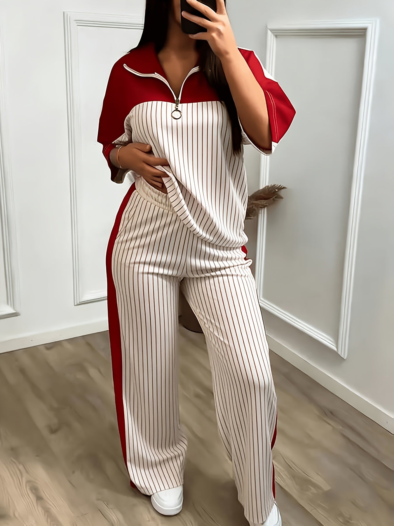 Women'S Casual Sporty Color-blocked Half-zip Stand-up Collar Mid-sleeve Sports Top + High-waisted Wide-leg Side Striped Sports Pants