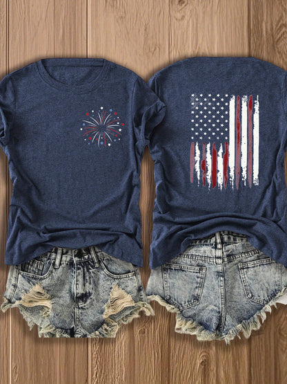 Patriotic Fireworks And Flag Print -blend T-shirt with Double-sided Design for 4th Of July Celebrations - Festive, Casual, And Stylish Graphic Tee for Women | Trendy Independence Day Apparel | -blend T-shirt with Double-sided Print