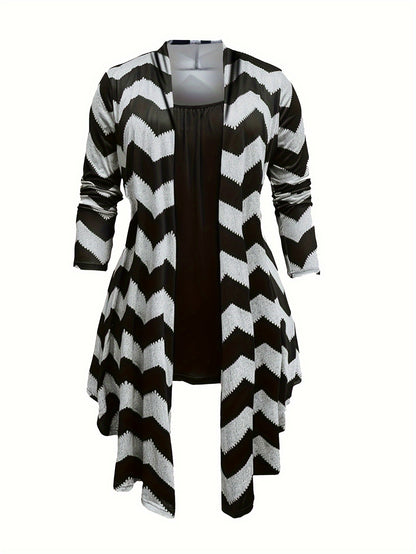 Three Piece Women's Plus Size Casual Outfits Set - Wave Trim Long Sleeve Coat, Cami Top, And Leggings - Stylish And Comfortable