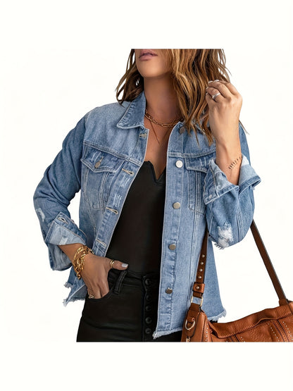 Women's Ripped Washed Button-Up Denim Jacket Coat with Pockets, Casual Classic Distressed Denim Outerwear TZ001