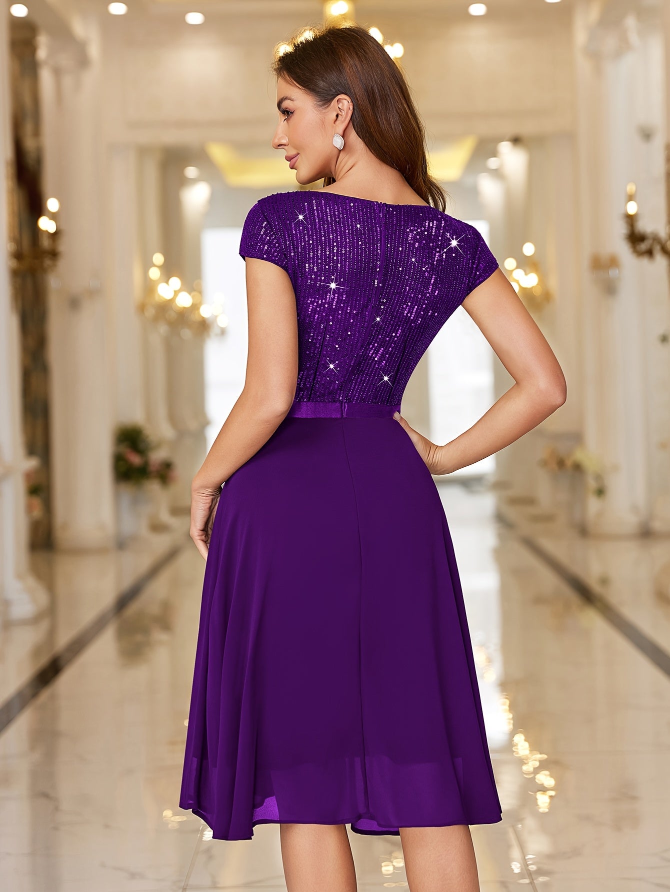 Y82016 Elegant Women's Glitter Sequin Chiffon A-Line Bridesmaid Dress with Cap Sleeves & Ruffled Hem - Sparkling Wedding Party Dress for Bridesmaids, Prom, Birthday, Formal Evening Gown - Machine Washable Chiffon