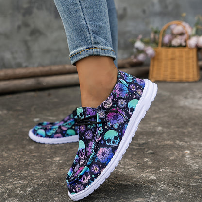 [Halloween] Vibrant Style Women's Day Of The Dead Skull Pattern Sneakers - Breathable, Halloween Casual Shoes With Elastic Strap, Vibrant Floral And Skull Design, Lightweight Flat Loafers For Festive Occasions, Women Shoes