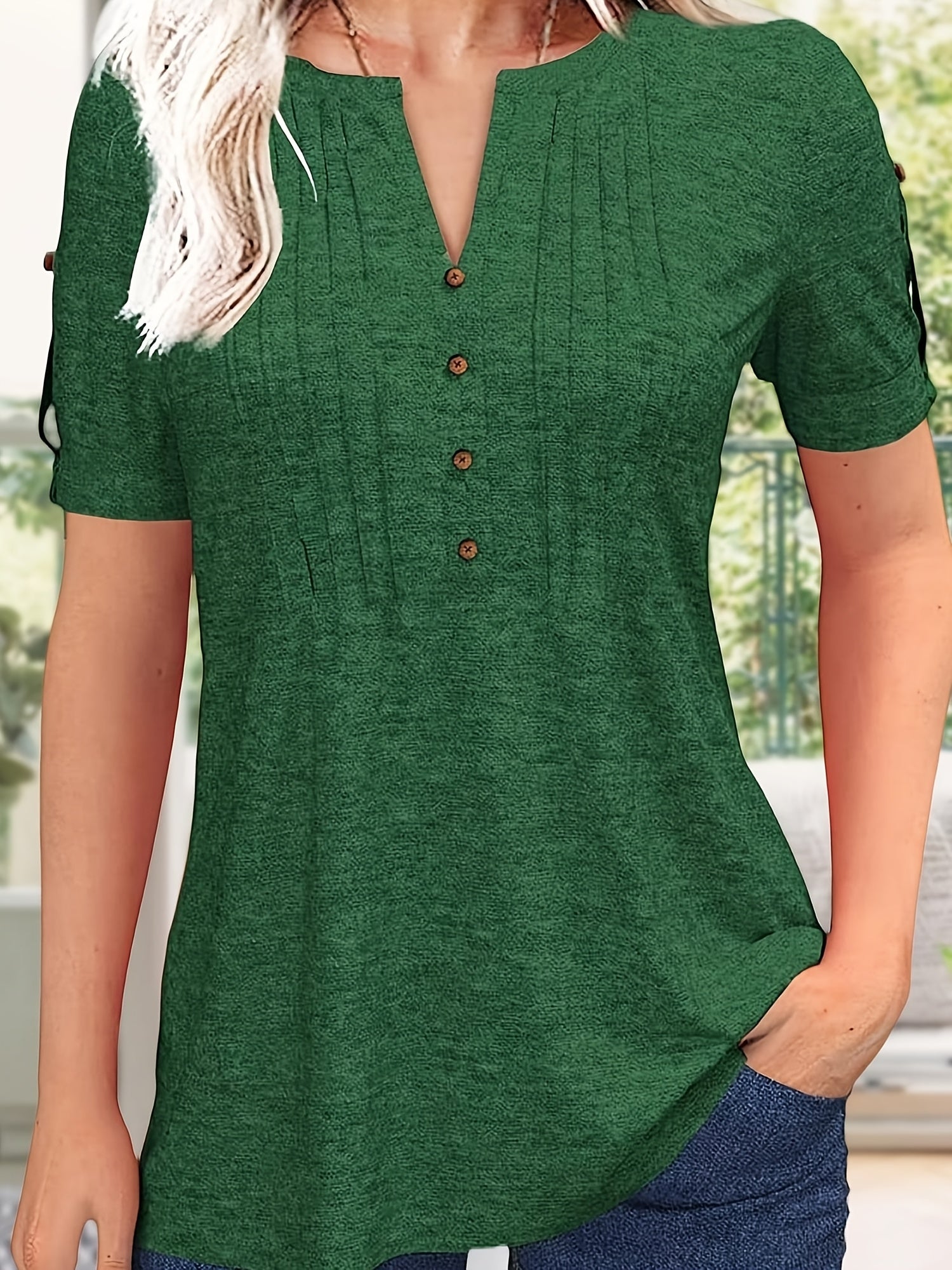 Women's Green Viscose V-Neck Pleated T-Shirt - product view 2