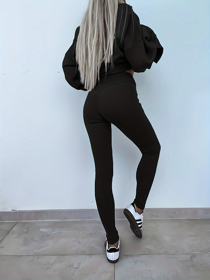 Women'S Spring And Autumn Outdoor Sports Hoodie Set, Women'S Autumn Winter Long Sleeve Solid Color Hoodie Casual Set, Hoodie Top And Pants Yoga Two-Piece Set, Outdoor Running Fitness Set