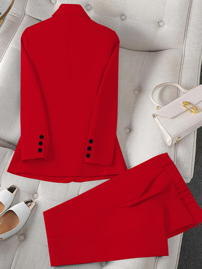 Women's Casual Two-Piece Set, Fashionable Business Style, Solid Color Long Sleeve Blazer And Pants, Polyester, Button-Up, Regular Fit, with Weekend Casual Wear