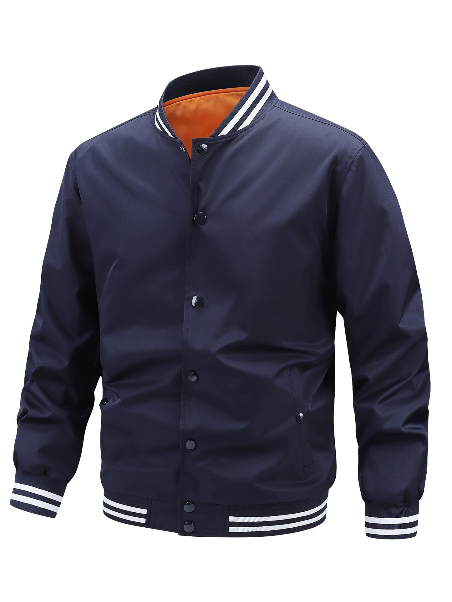 Men'S Plus Size Lightweight Varsity Jacket - Preppy Style, Baseball Collar, Button-Up, Solid Color with Striped Accents, Polyester, Machine Washable & Dry Cleanable, with Pockets, Sports Jacket|Loose Fit Jacket|Glossy Finish Jacket, PLUS SIZE