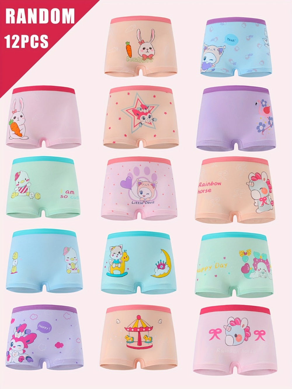Girls' Boxer Briefs - 12-Pack Assorted Cartoon Print Style 5413