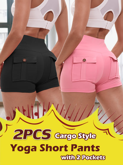 2pcs High Stretch Elastic Waist Cargo Shorts - Women's Shaping, Hip Lifting, Quick-Drying Fitness Pants with 2 Pockets, Solid Color Short Pants Set, Track Shorts Set