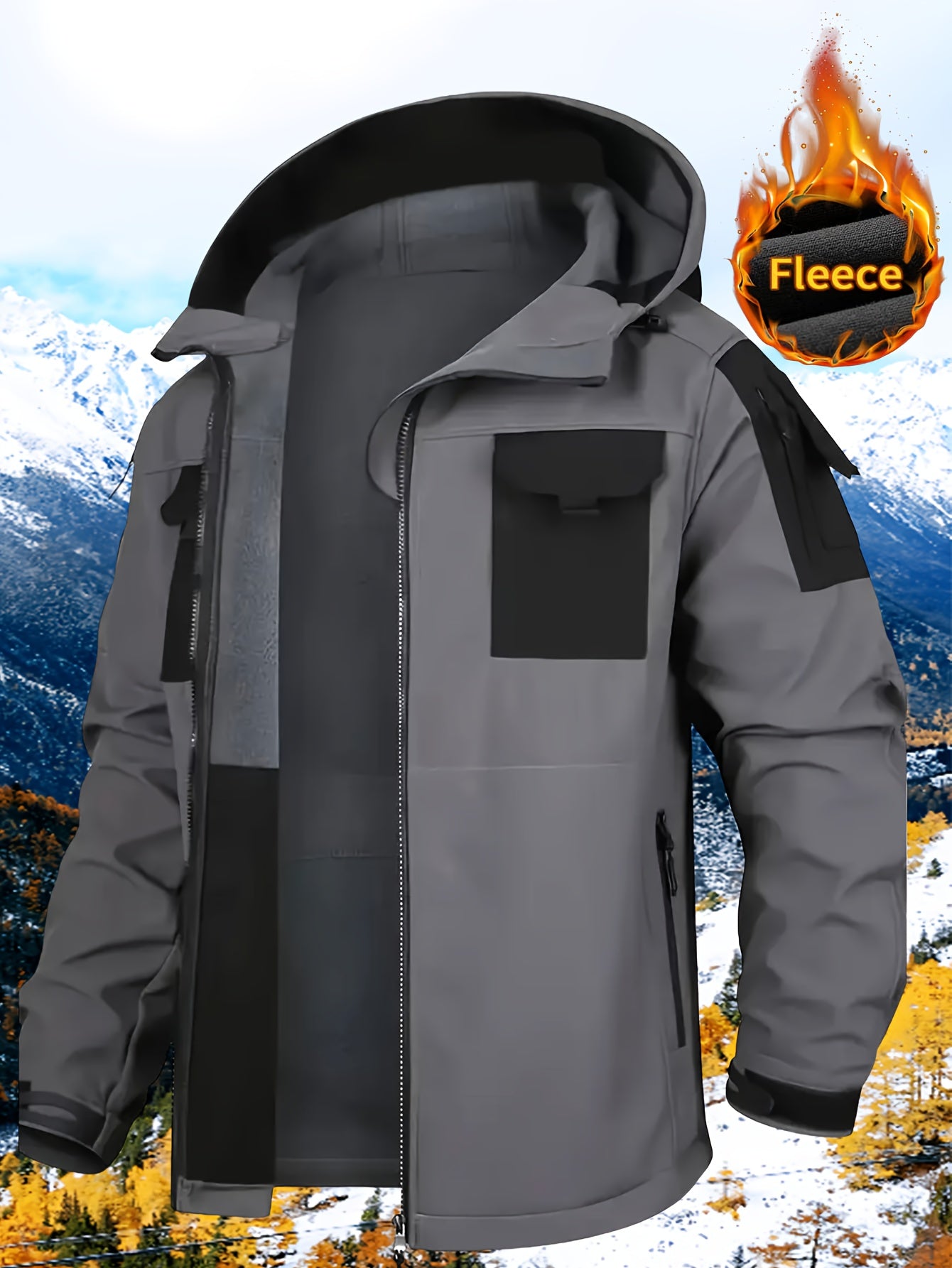 Men's Fleece-Lined Softshell Tactical Winter Jacket with Zip-Up Hooded Coat, Multiple Pockets & Lining - Outdoor Skiing, Hiking, Camping Workwear - Machine Washable Warm Fall/Winter Gear for Cold Weather Activities (Polyester)