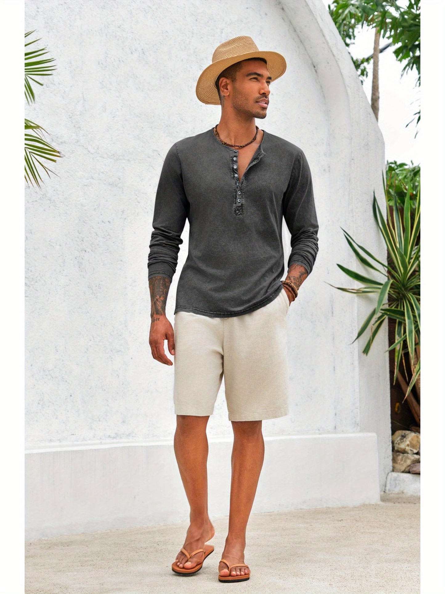 Men'S Distressed Henley Shirts with Front Placket, Retro Long Sleeve T-Shirts, Casual Button- Washed T-Shirts for Men