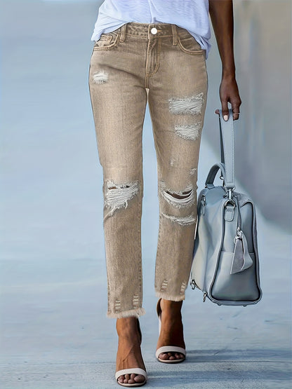 Plus Size Women's Blue Distressed Washed Denim Jeans | Multiple Rips & Destroyed Hem | Slim Fit, Unique Design | Versatile Stylish Style for All-Season Commuting
