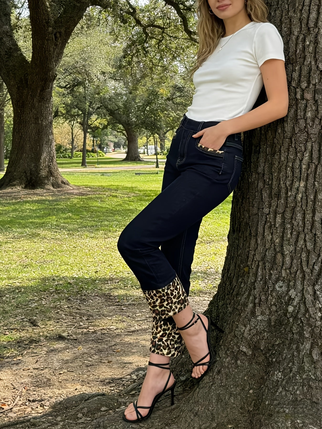 Y2K Hot Leopard Print Decor Jeans - High Waisted Butt Lifting Dark Wash Stretchy Denim Women'S Casual Streetwear Pants