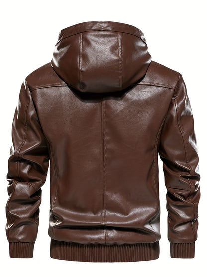 Men's Solid Color PU Faux-Leather Hooded Jackets, Trendy Thick Jacket for Spring Autumn