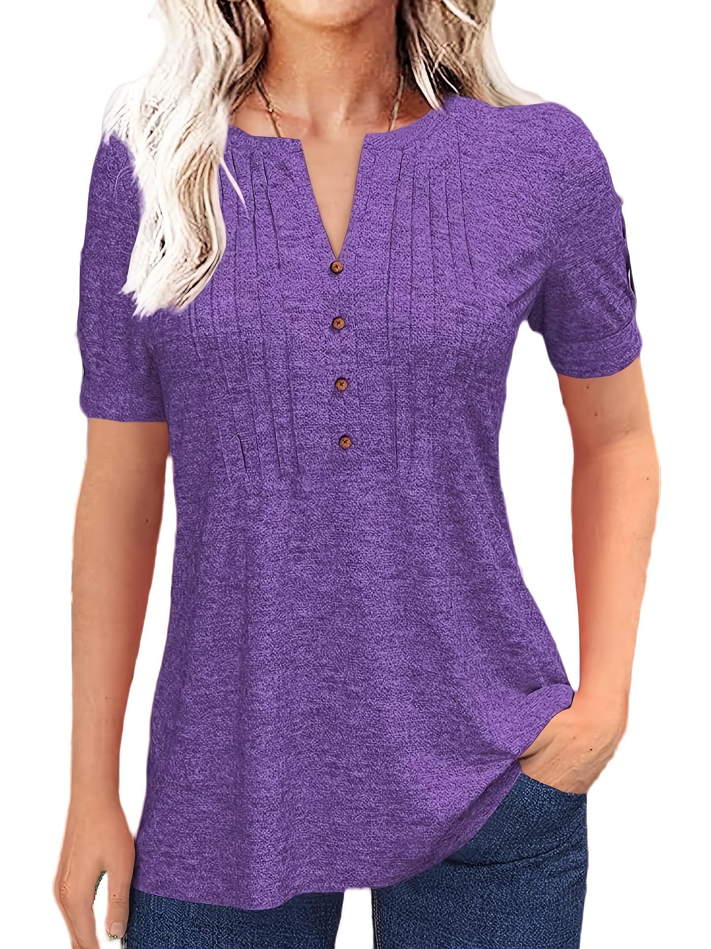 Casual Short-Sleeve T-Shirt for Women, Featuring a Pleated Design And V-Neck in Solid Colors, Perfect for Summer
