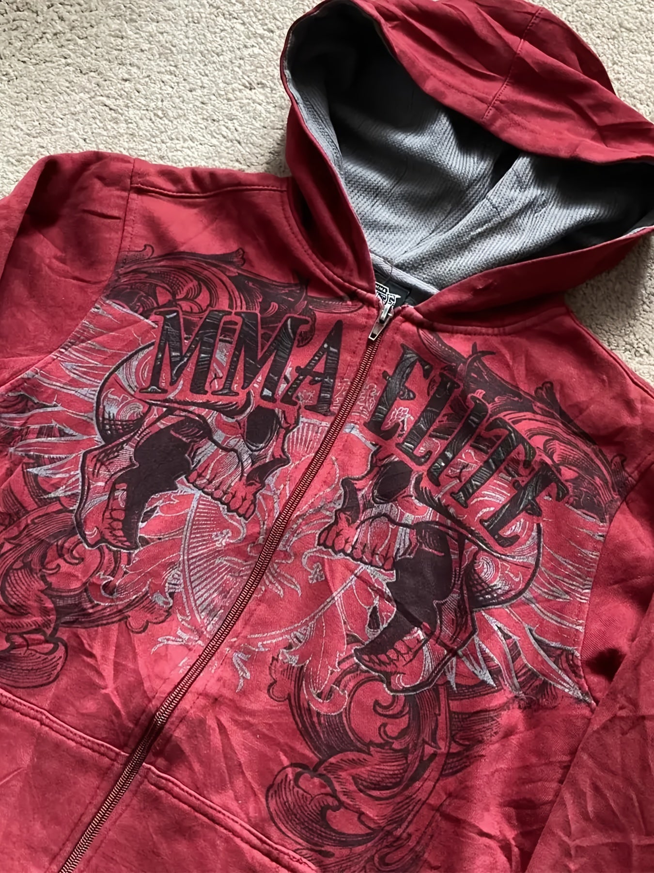 Y2K MMA Elite Zip Up Hoodie, Red Vintage Graphic Streetwear Jacket with Gothic Skull Wing Print, Full Zip Sweatshirt for Fall Winter, Unisex Hip Hop  Style Hoodie for Teens Men Women Couples, American Aesthetic Fashion Outerwear