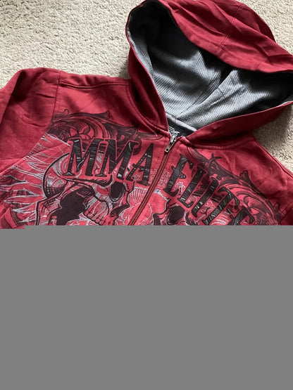 Y2K MMA Elite Zip Up Hoodie, Red Vintage Graphic Streetwear Jacket with Gothic Skull Wing Print, Full Zip Sweatshirt for Fall Winter, Unisex Hip Hop  Style Hoodie for Teens Men Women Couples, American Aesthetic Fashion Outerwear