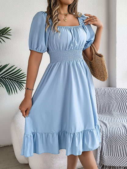 [Spring-Summer Fashion Dress] Women's 2024 Spring-Summer Fashion Square Neck Puff Sleeve A-Line Dress