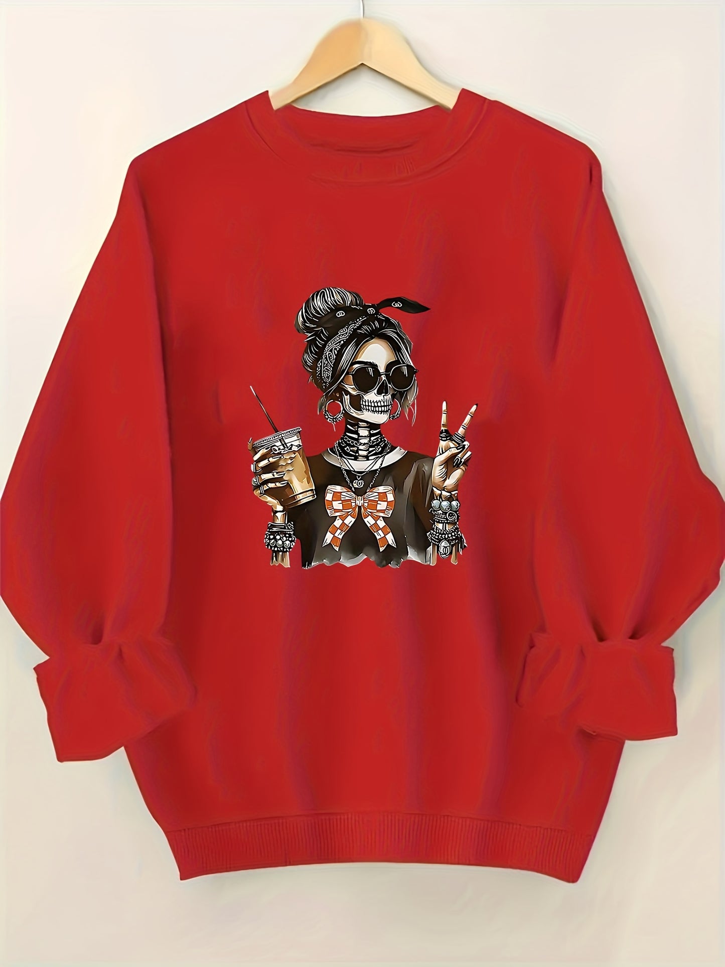 Skeleton - Themed with Trendy Accessories And Gestures Pattern Print Women's Sweatshirt, Comfortable All Seasons, Machine Washable