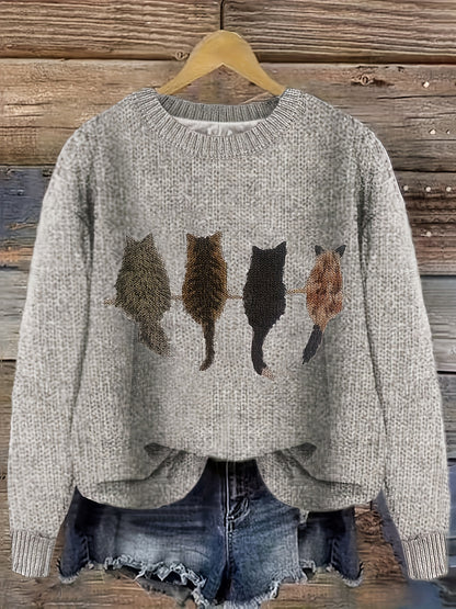 [Cozy Cat Sweater] Cozy Cable Sweater with Playful Cat Print | Women'S Beige & Brown, Loose Fit, Long Sleeve, Round Neck, Casual Spring And Autumn Top Ropa De Mujer Promotion Local Warehouse Discount