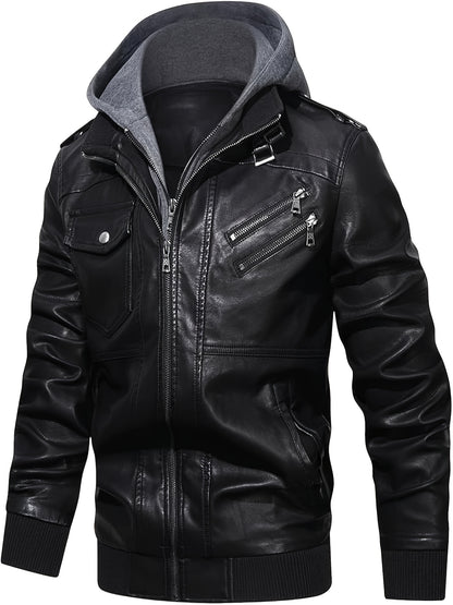 Men's PU Leather Jacket Motorcycle Jacket High Quality Windproof (Belt Included) PU Moto Vintage Bomber Hoodie with Removable Hood