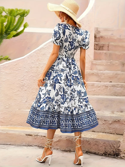 A-Line Dress with V-Neck And Floral Pattern - Lightweight And Airy Short Sleeves - Ideal for Spring And Summer Outfits - Women'S Apparel