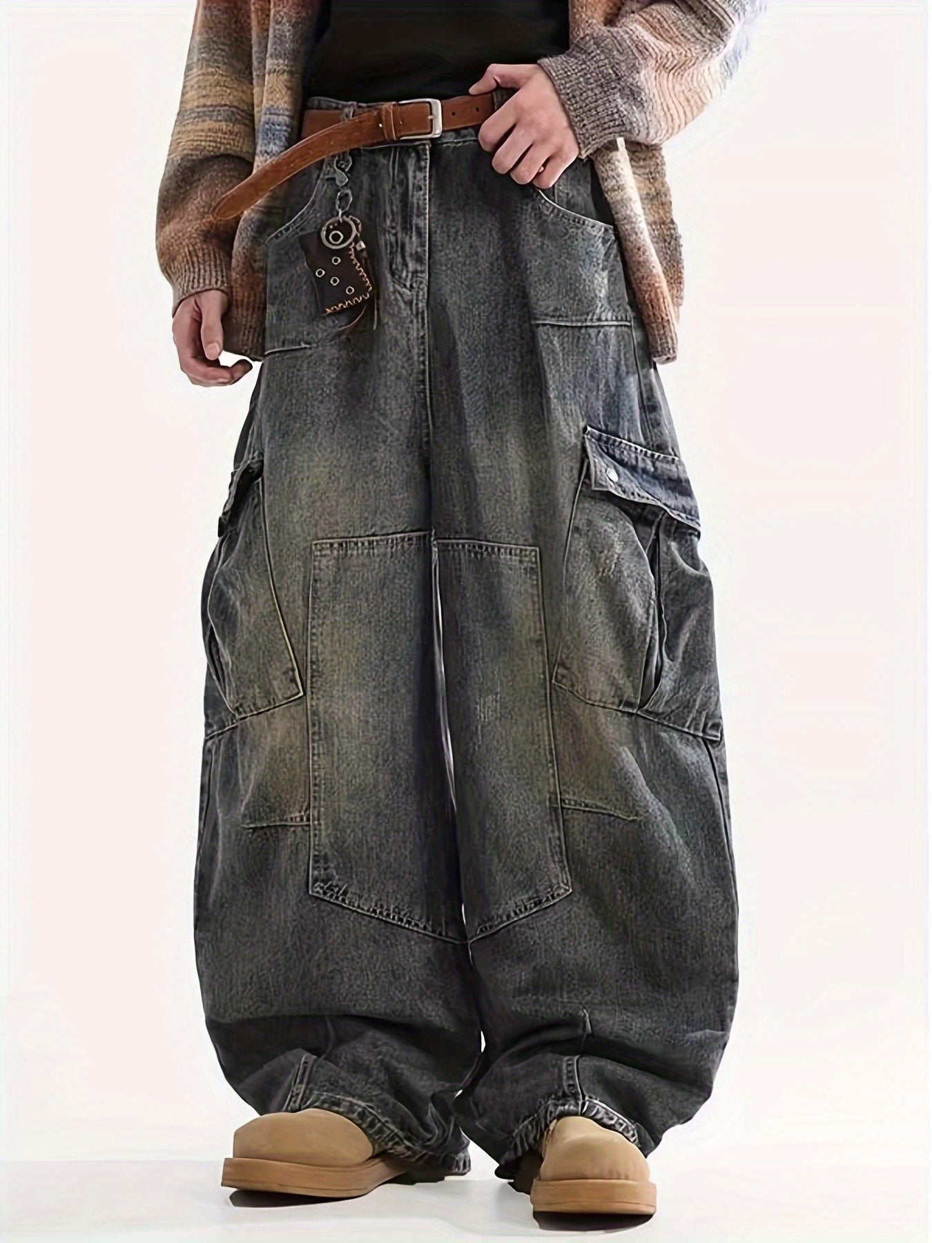 Men'S Retro Oversized Multi-Pocket Workwear Jeans, Hip-Hop Denim Trousers, Unisex Casual Loose Pants, Suitable for Any Season