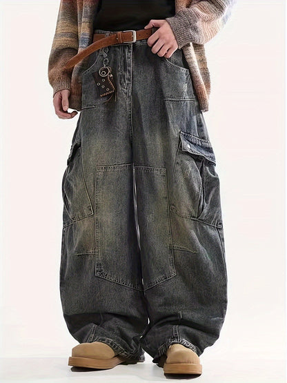 Men'S Retro Oversized Multi-Pocket Workwear Jeans, Hip-Hop Denim Trousers, Unisex Casual Loose Pants, Suitable for Any Season