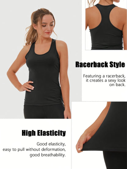 5 Packs Women's Round Neck Y Top, Mid-Stretch Solid Color Racer Back Tank Top