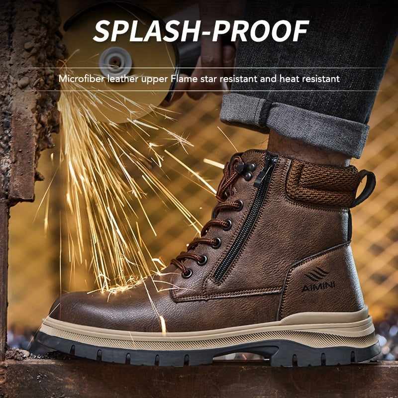 Men's Work Safety Boots - High-top Design with Steel Toe Protection - Impact-resistant, Puncture-resistant, Slip-resistant, And Wear-resistant. Ideal for Construction, Factory, Warehouse Operations, Industrial Settings, And Outdoor Labor.