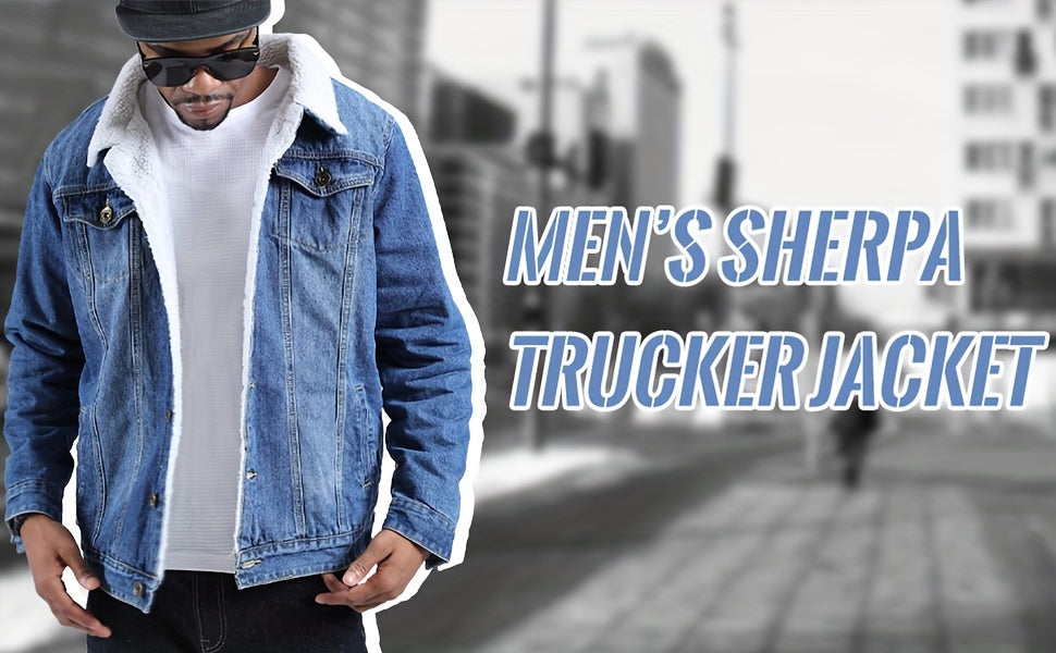 Men's Sherpa Fleece Lined Denim Jacket - Warm Winter Trucker Jacket - Cowboy Jean Jacket - Soft Fleece Lining & Durable Denim - For Men - Perfect for Cold Weather & Outdoor Activities - Ideal Gift for Winter Holidays