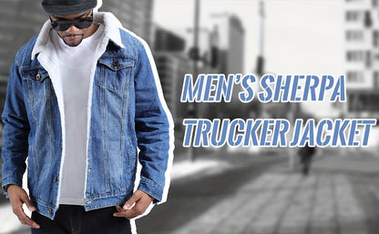 Men's Sherpa Fleece Lined Denim Jacket - Warm Winter Trucker Jacket - Cowboy Jean Jacket - Soft Fleece Lining & Durable Denim - For Men - Perfect for Cold Weather & Outdoor Activities - Ideal Gift for Winter Holidays