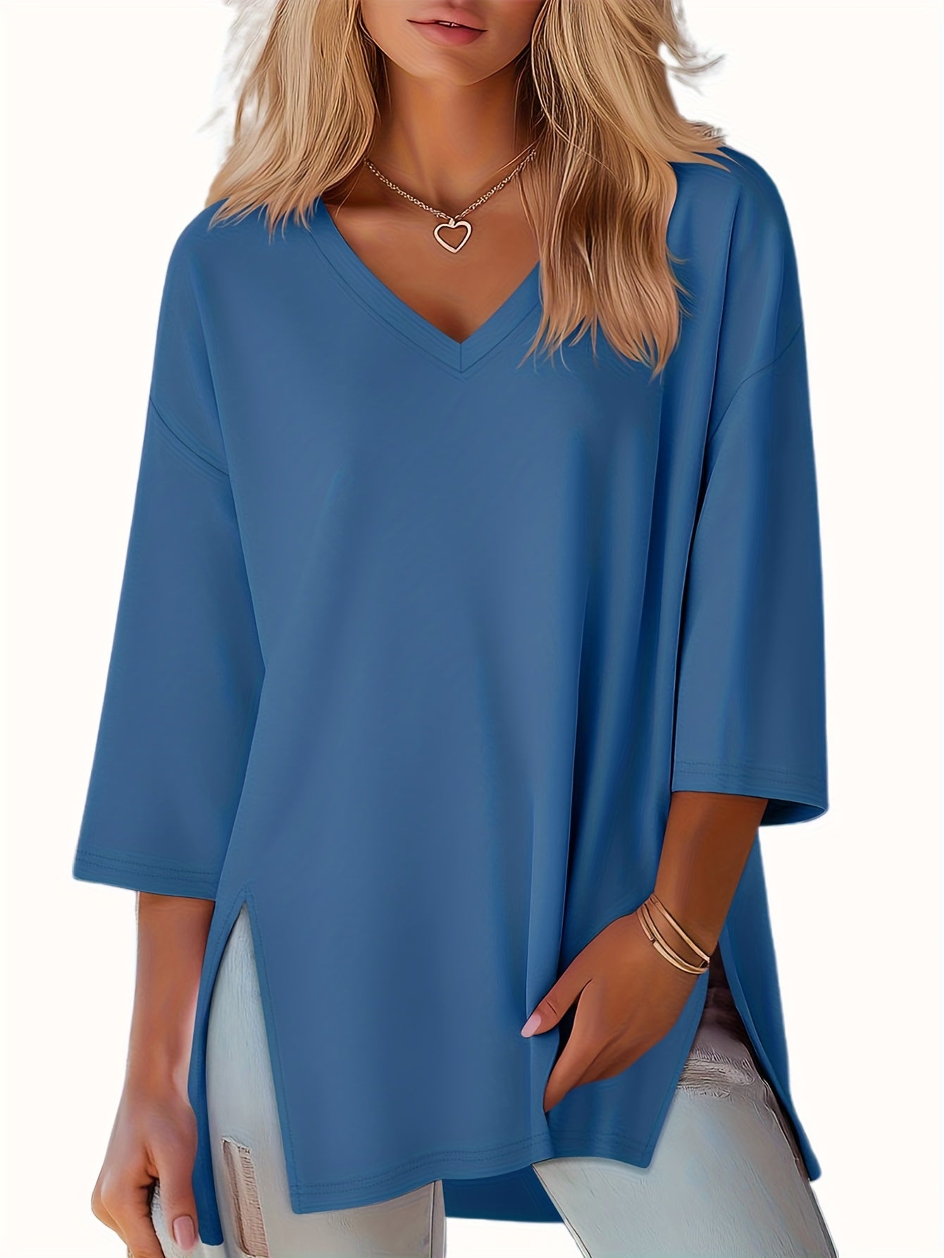 Three-piece Women's Fashion Large 3/4 Sleeve Top, V-neck y Casual Side-slit Shirt, Loose Basic Seven-quarter Sleeve T-shirt