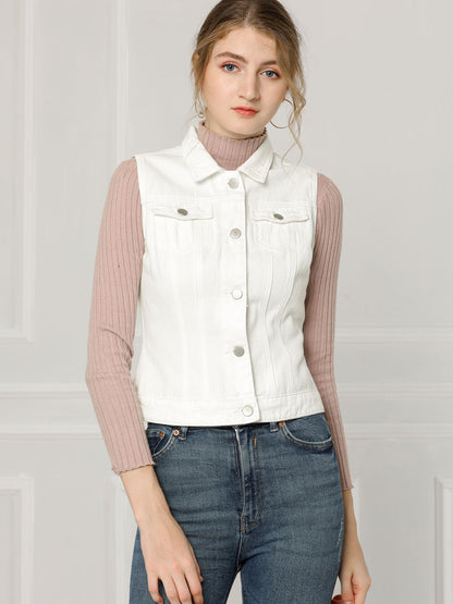 Women's Buttoned Washed Denim Vest Jacket W Chest Flap Pockets