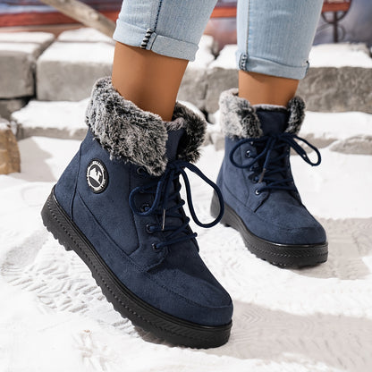 Women's Warm Snow Boots with Plush Lining - Non-Slip PU Sole, Round Toe Winter Outdoor Activity Boots, Black, Red, Navy Blue Warm Ankle Boots, Comfortable Shoes for Snow Wear, Women Shoes