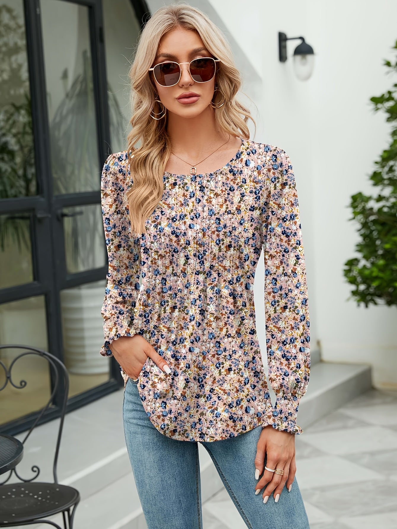 Women's Casual Fall Floral Round Neck Puff Sleeve Tunic Long Sleeve Top Pleated Loose And Versatile T-Shirt