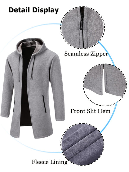 Men's Casual Hoodie, Hooded Mid Length Coat, Lined Zip Up Hoodie, Stylish Slim Fit Hoodie with Pockets, Suitable for Daily Wear, Outdoor Activities And Street