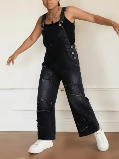Teen Girls' Wide-Leg Denim Overalls with Star Embroidery Everyday Outfits - Machine Washable Teen Loose Fit Long Denim Machine Washable All-Season Casual Jeans for Teens Durable Fabric, for Outdoor